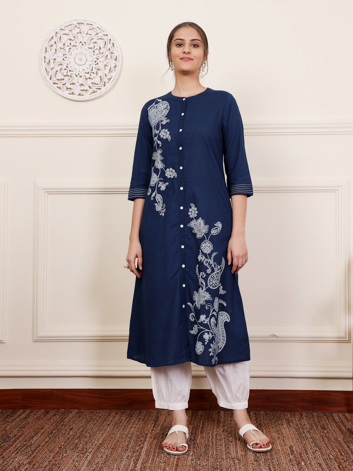 Blue Cotton Printed A Line Kurta