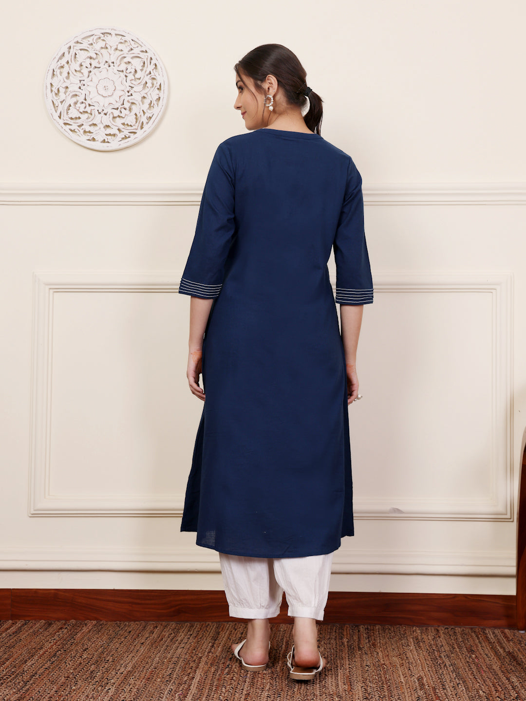 Blue Cotton Printed A Line Kurta