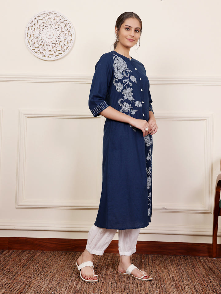 Blue Cotton Printed A Line Kurta