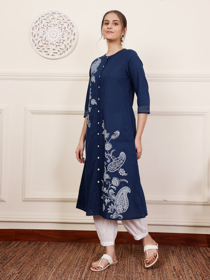 Blue Cotton Printed A Line Kurta