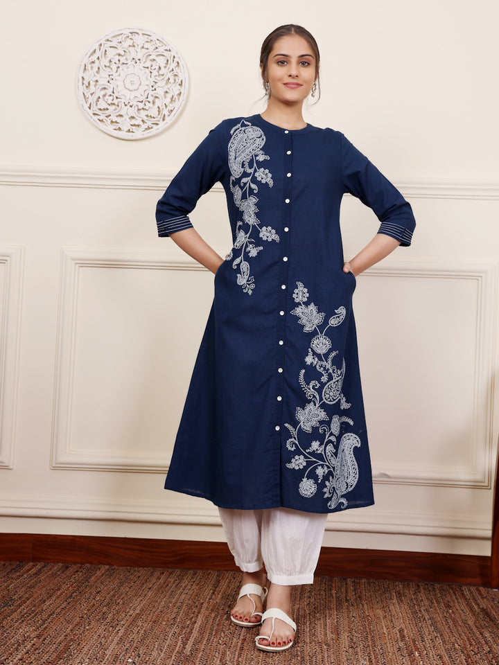 Blue Cotton Printed A Line Kurta