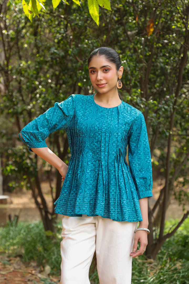 Blue Cotton Detailed Flared Top