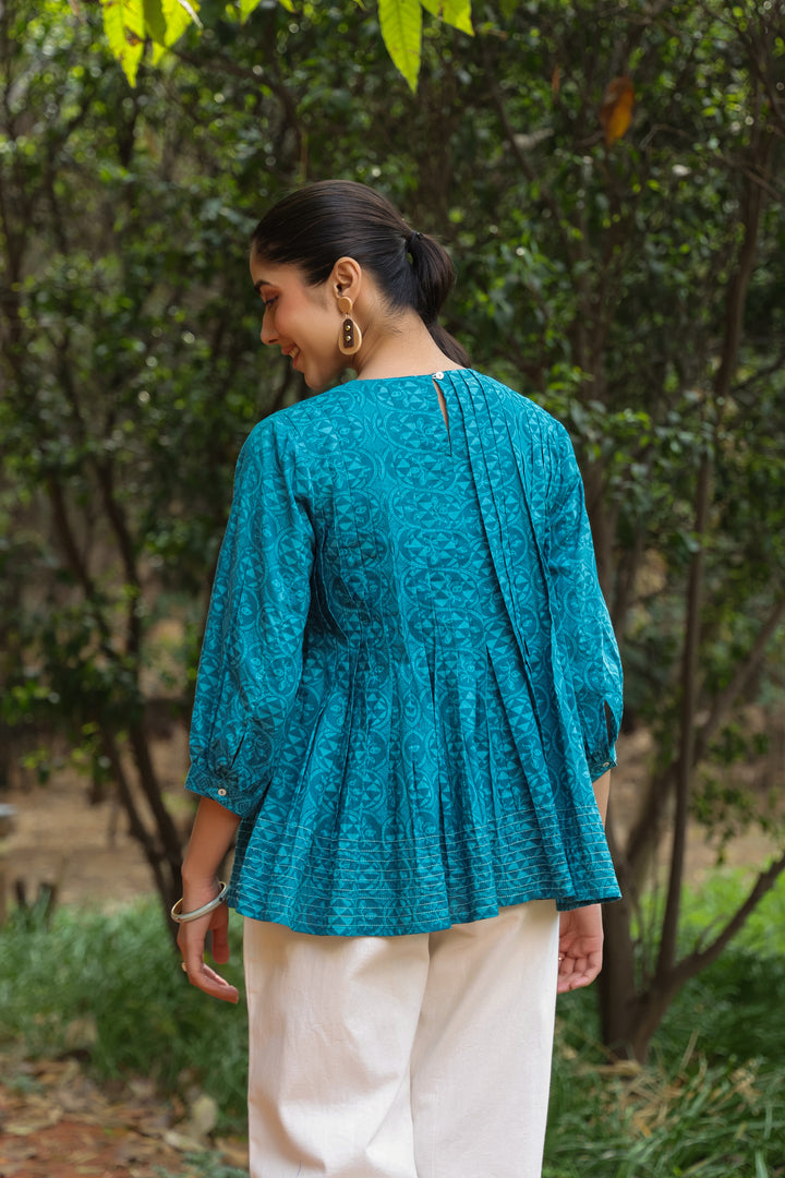 Blue Cotton Detailed Flared Top