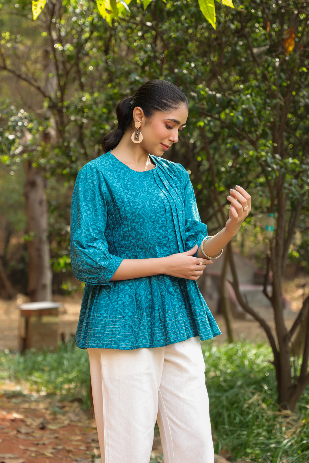 Blue Cotton Detailed Flared Top