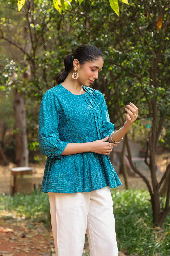 Blue Cotton Detailed Flared Top