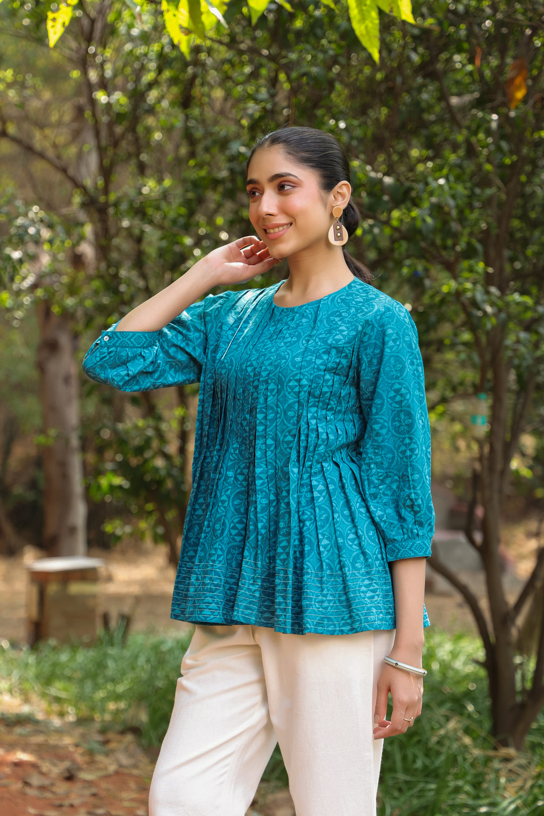 Blue Cotton Detailed Flared Top