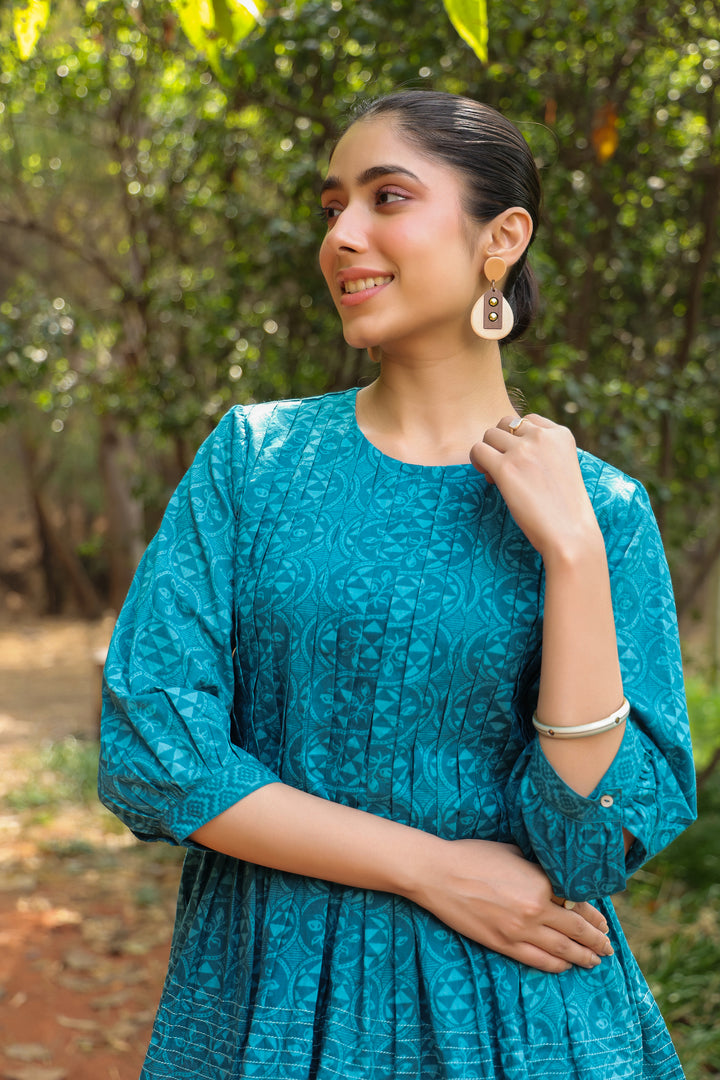 Blue Cotton Detailed Flared Top