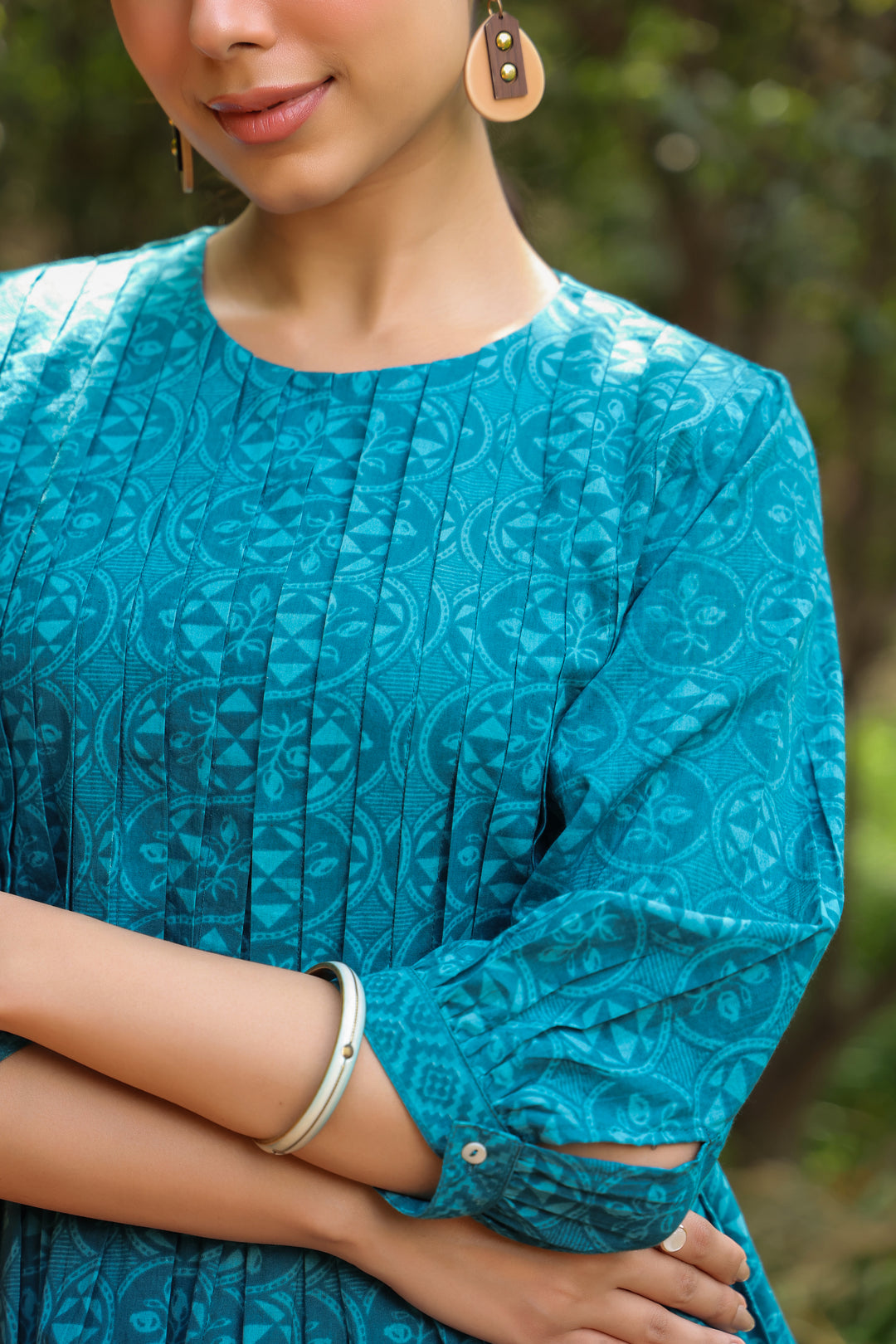 Blue Cotton Detailed Flared Top