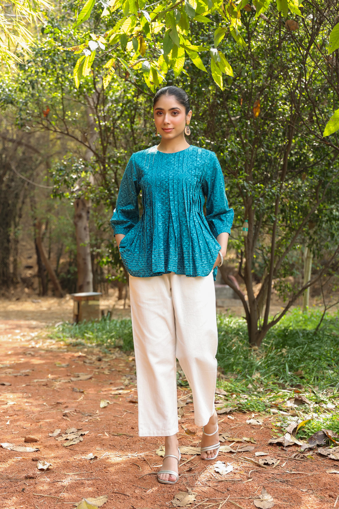 Blue Cotton Detailed Flared Top