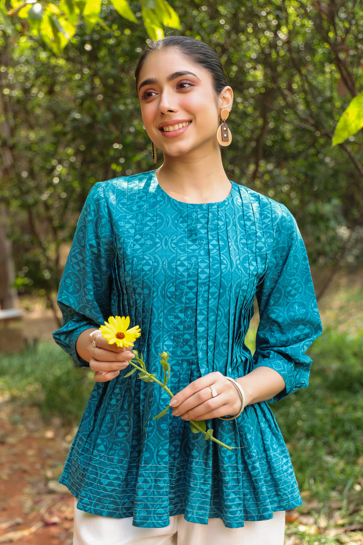 Blue Cotton Detailed Flared Top