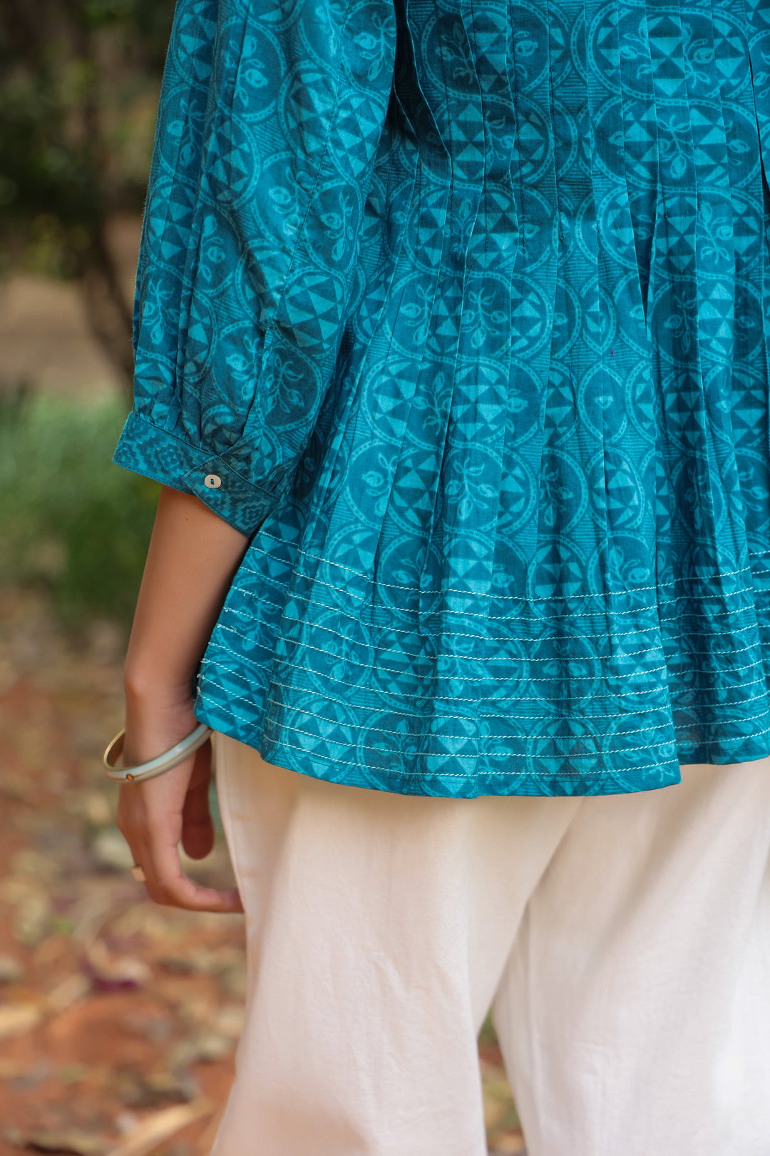 Blue Cotton Detailed Flared Top