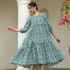 Blue Pure Cotton Floral Print Lace Work Tiered/Flared Designer Dress