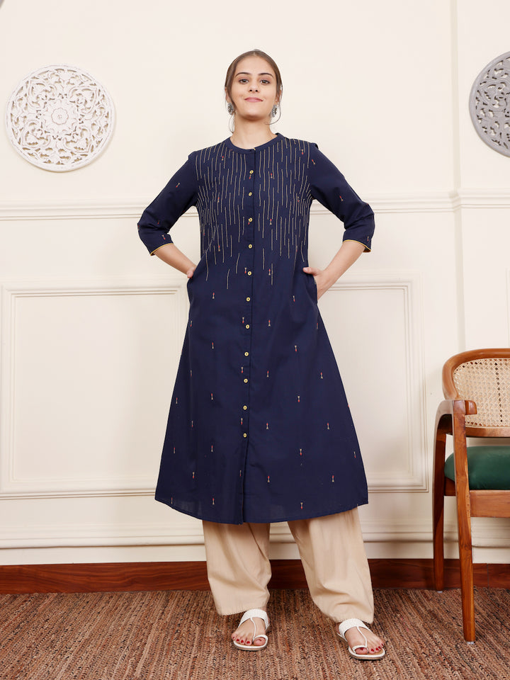 Blue Cotton Yarn dyed Detailed Kurta