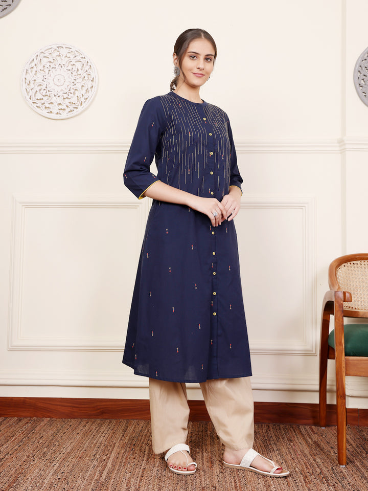 Blue Cotton Yarn dyed Detailed Kurta