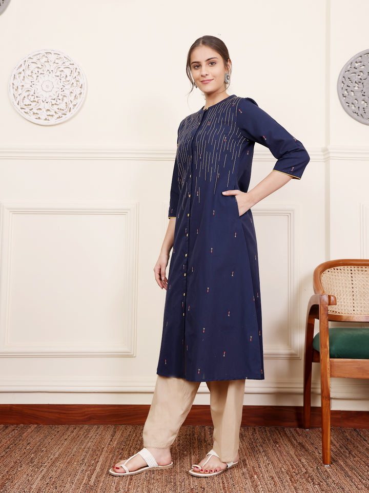 Blue Cotton Yarn dyed Detailed Kurta