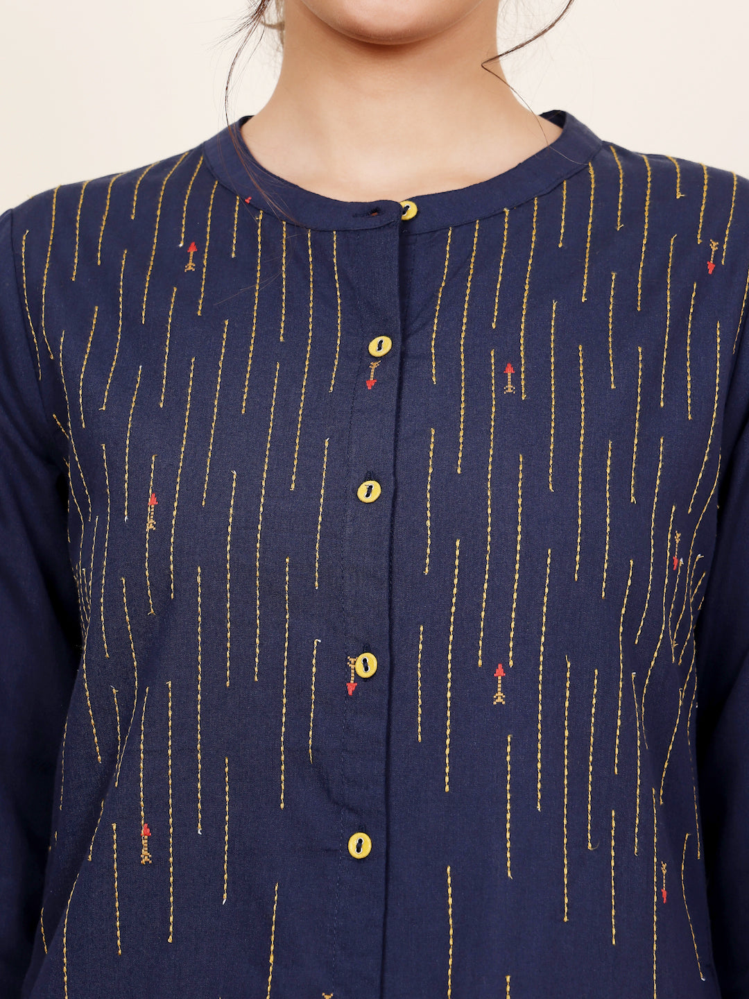 Blue Cotton Yarn dyed Detailed Kurta