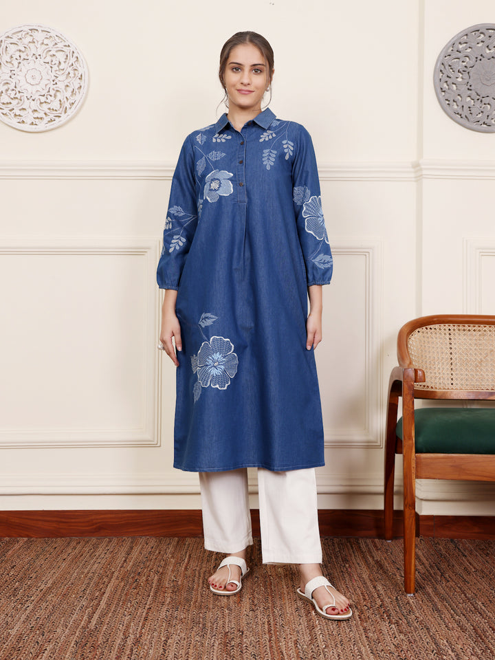 Dark Blue Cotton Denim Embroidered Shirt Collar Kurta