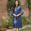 Dark Blue Cotton Denim Embroidered Shirt Collar Kurta
