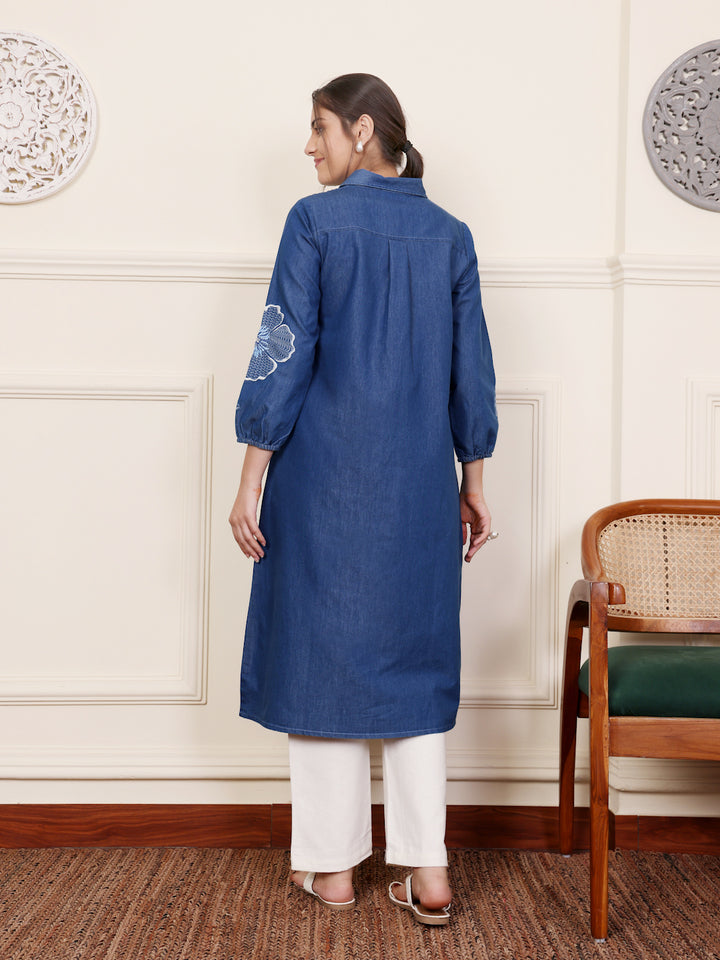 Dark Blue Cotton Denim Embroidered Shirt Collar Kurta