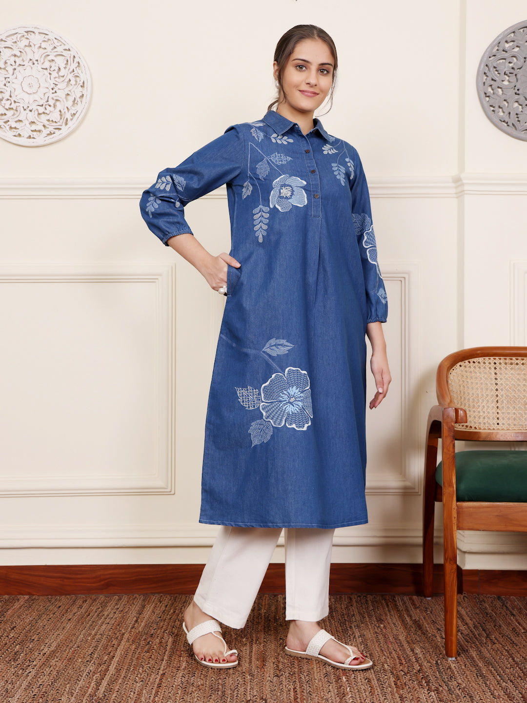 Dark Blue Cotton Denim Embroidered Shirt Collar Kurta