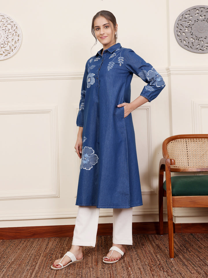 Dark Blue Cotton Denim Embroidered Shirt Collar Kurta