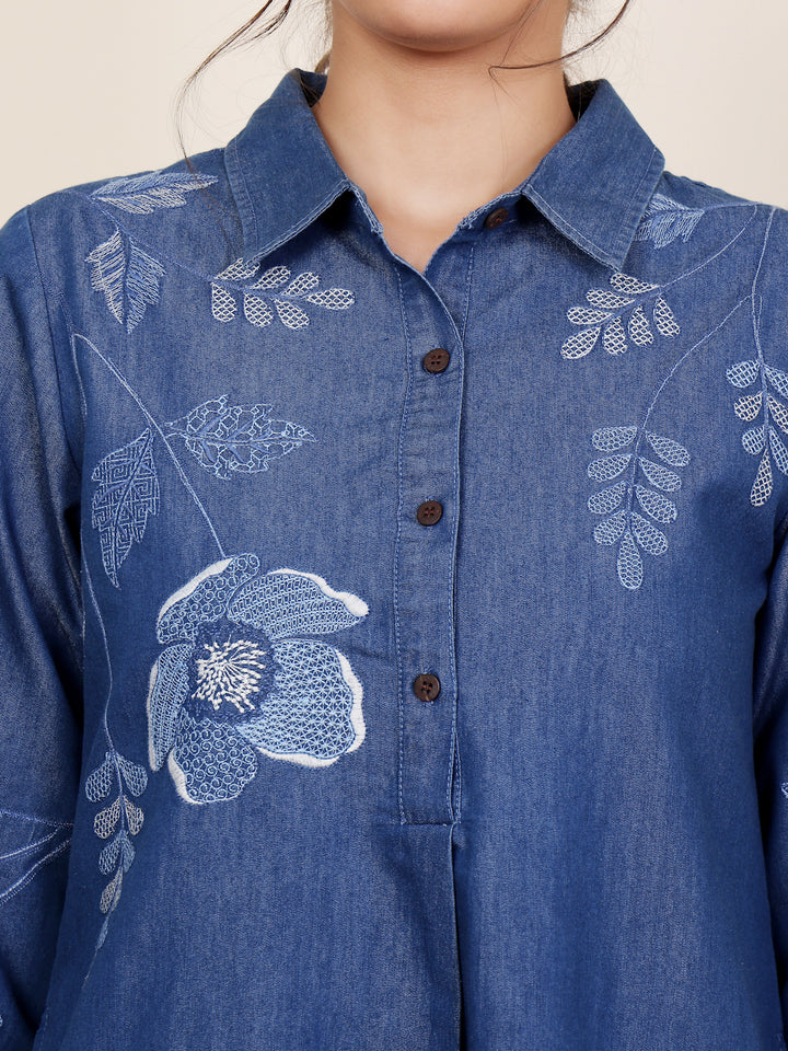 Dark Blue Cotton Denim Embroidered Shirt Collar Kurta