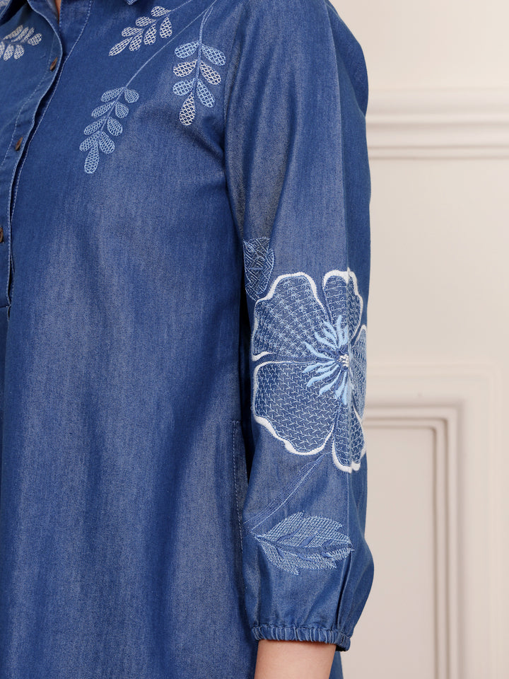 Dark Blue Cotton Denim Embroidered Shirt Collar Kurta