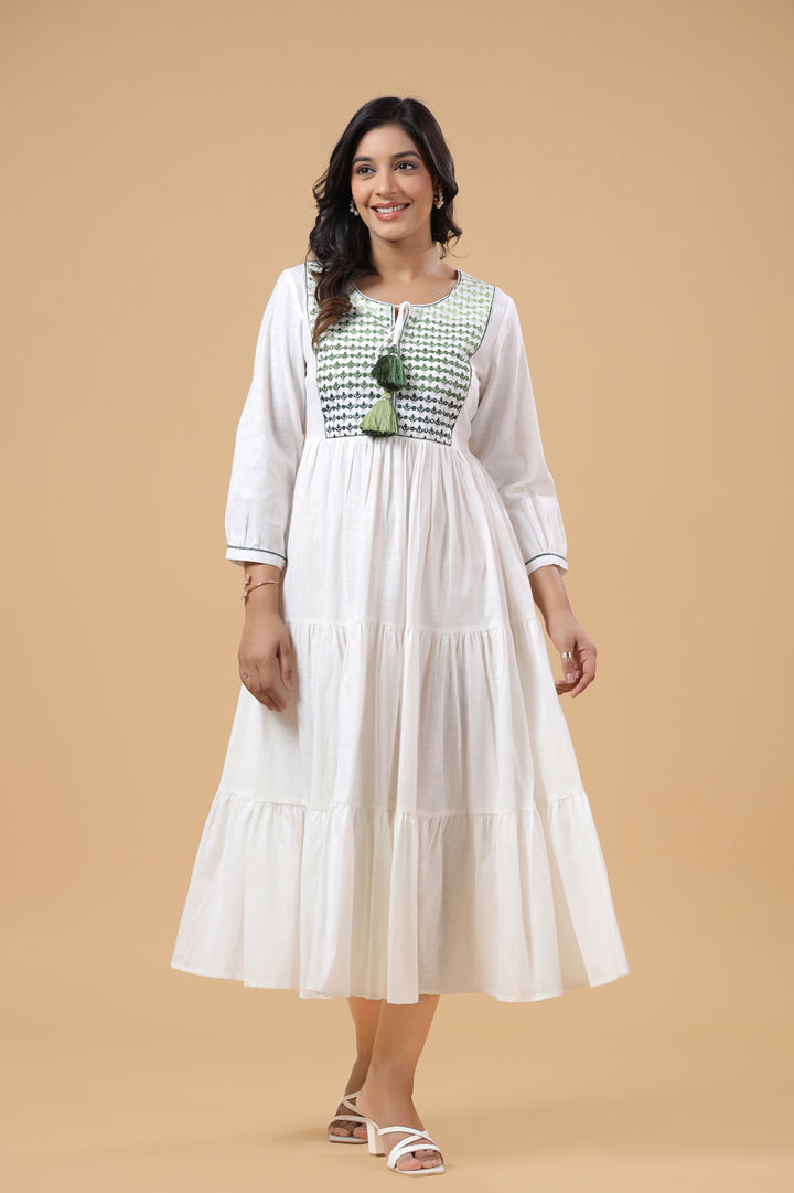 White Cotton Green Ombre Embroidered Tiered Dress