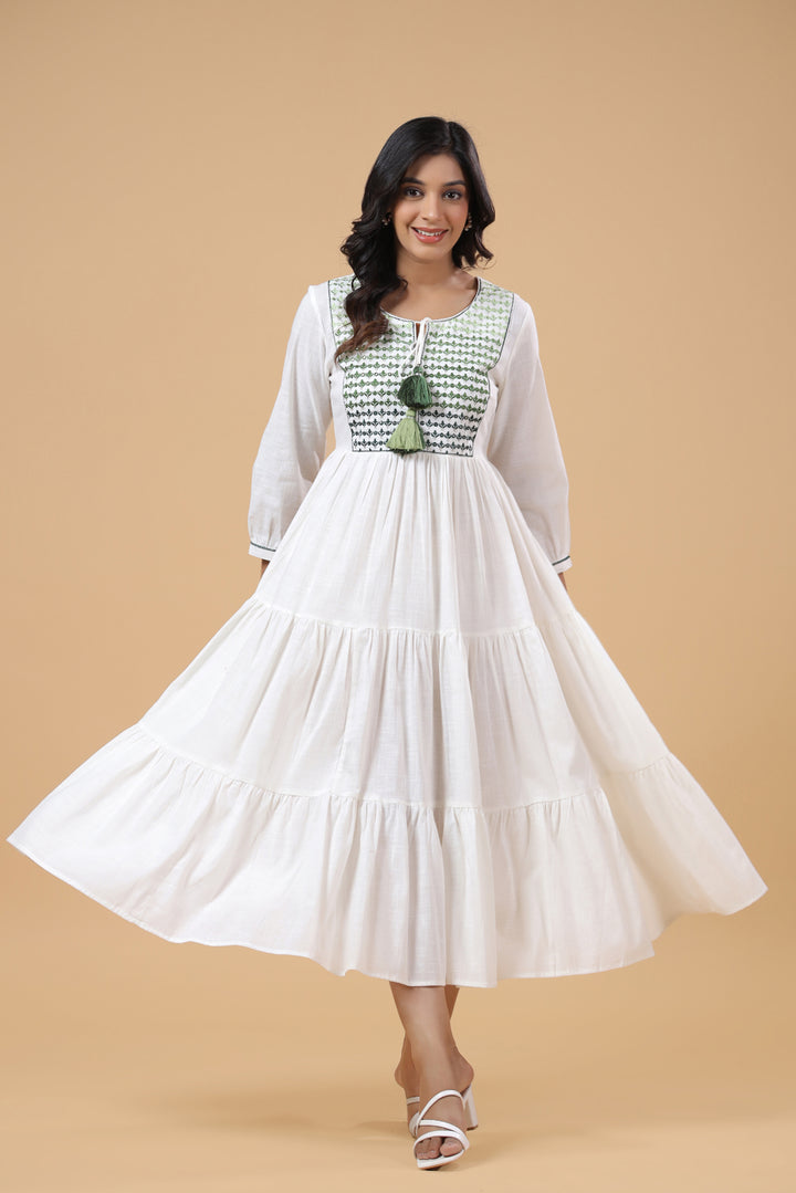 White Cotton Green Ombre Embroidered Tiered Dress
