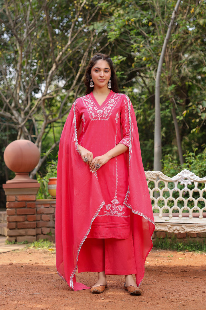 Red Cotton Lurex Embroidered Kurta Pant Set with Dupatta