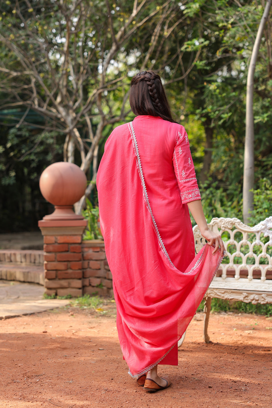 Red Cotton Lurex Embroidered Kurta Pant Set with Dupatta