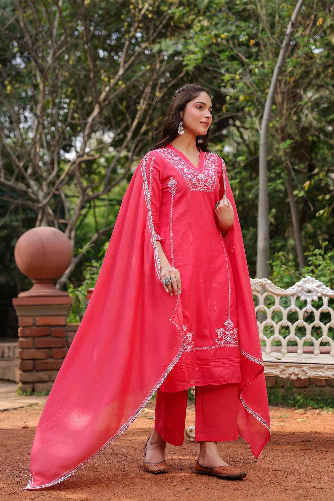 Red Cotton Lurex Embroidered Kurta Pant Set with Dupatta