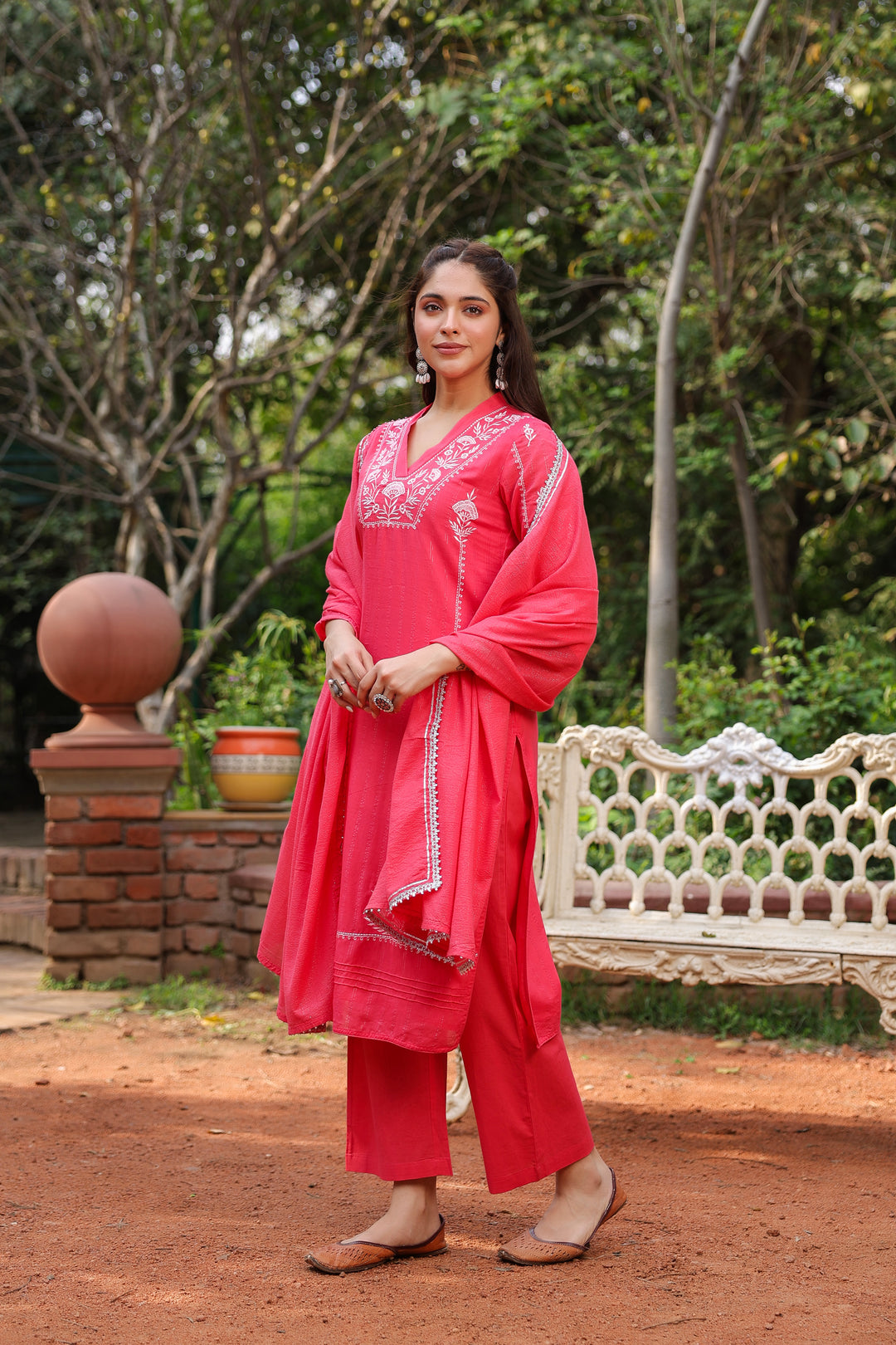 Red Cotton Lurex Embroidered Kurta Pant Set with Dupatta