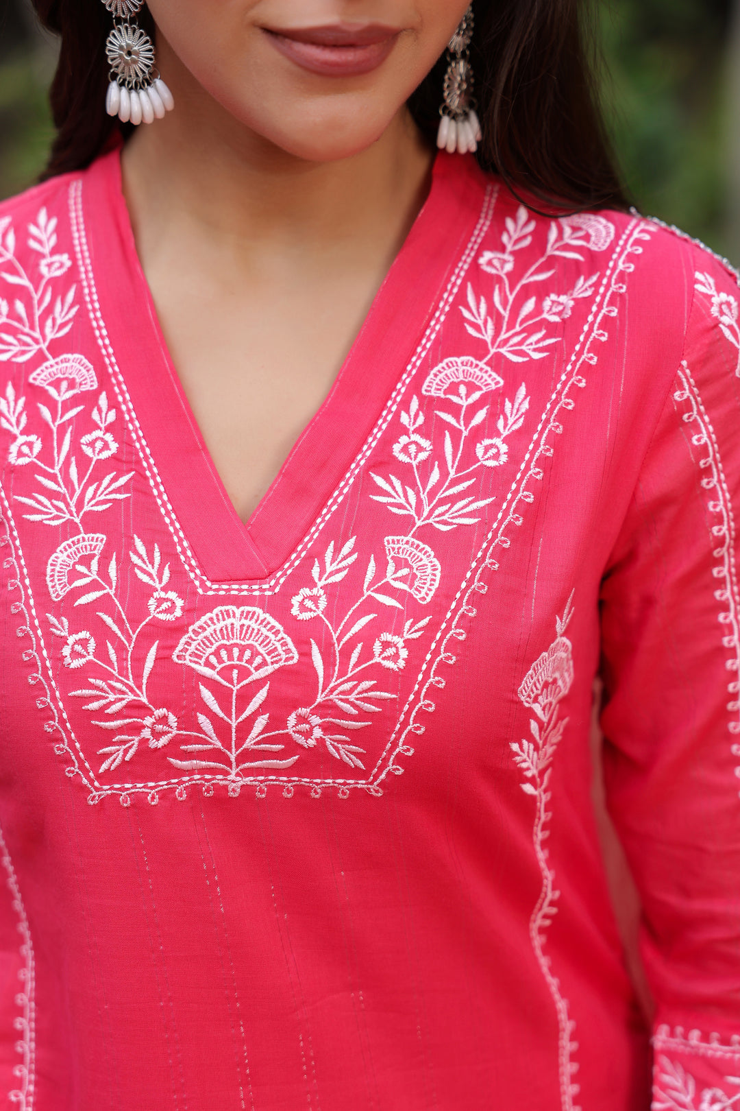 Red Cotton Lurex Embroidered Kurta Pant Set with Dupatta