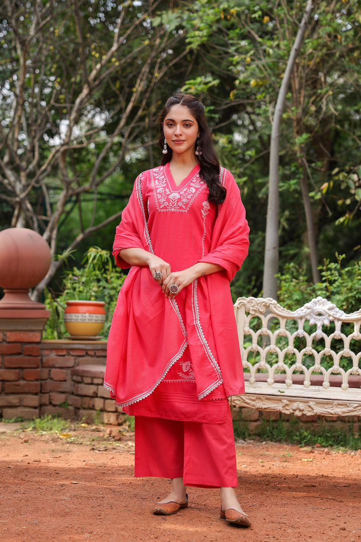 Red Cotton Lurex Embroidered Kurta Pant Set with Dupatta