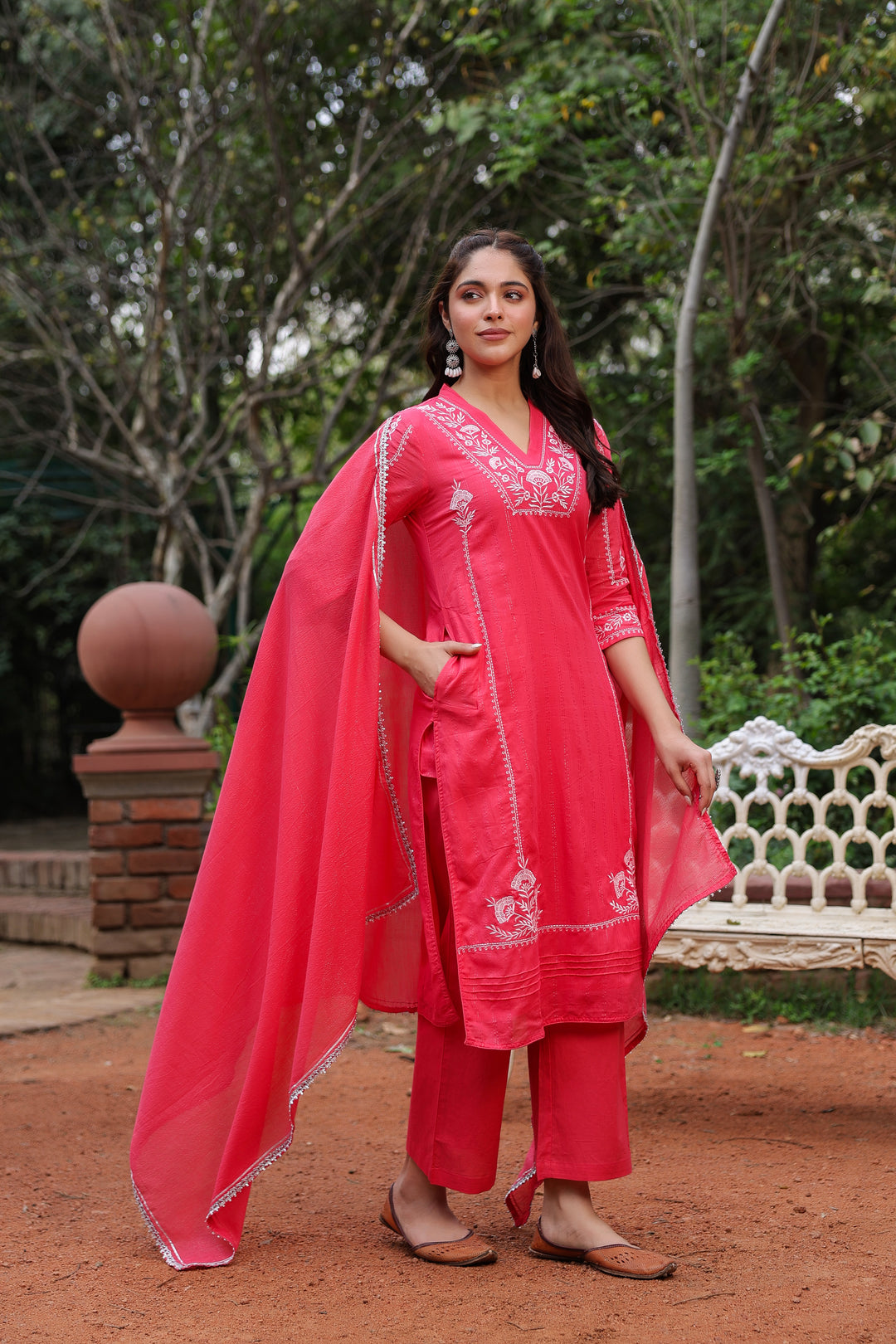 Red Cotton Lurex Embroidered Kurta Pant Set with Dupatta