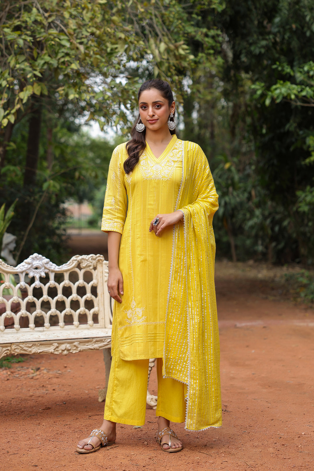 Yellow Cotton Lurex Embroidered Kurta Pant Set with Dupatta