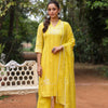 Yellow Cotton Lurex Embroidered Kurta Pant Set with Dupatta