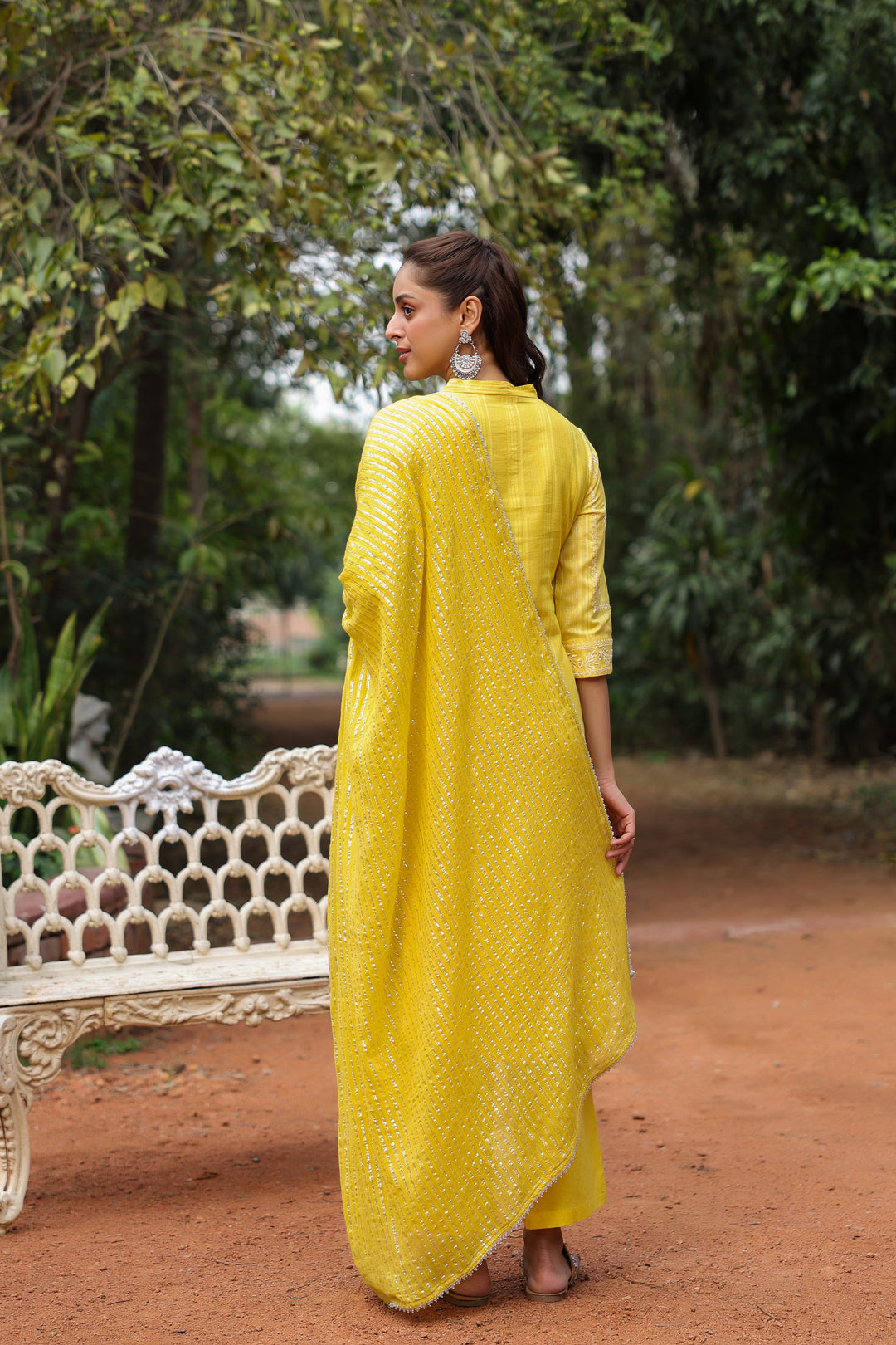 Yellow Cotton Lurex Embroidered Kurta Pant Set with Dupatta