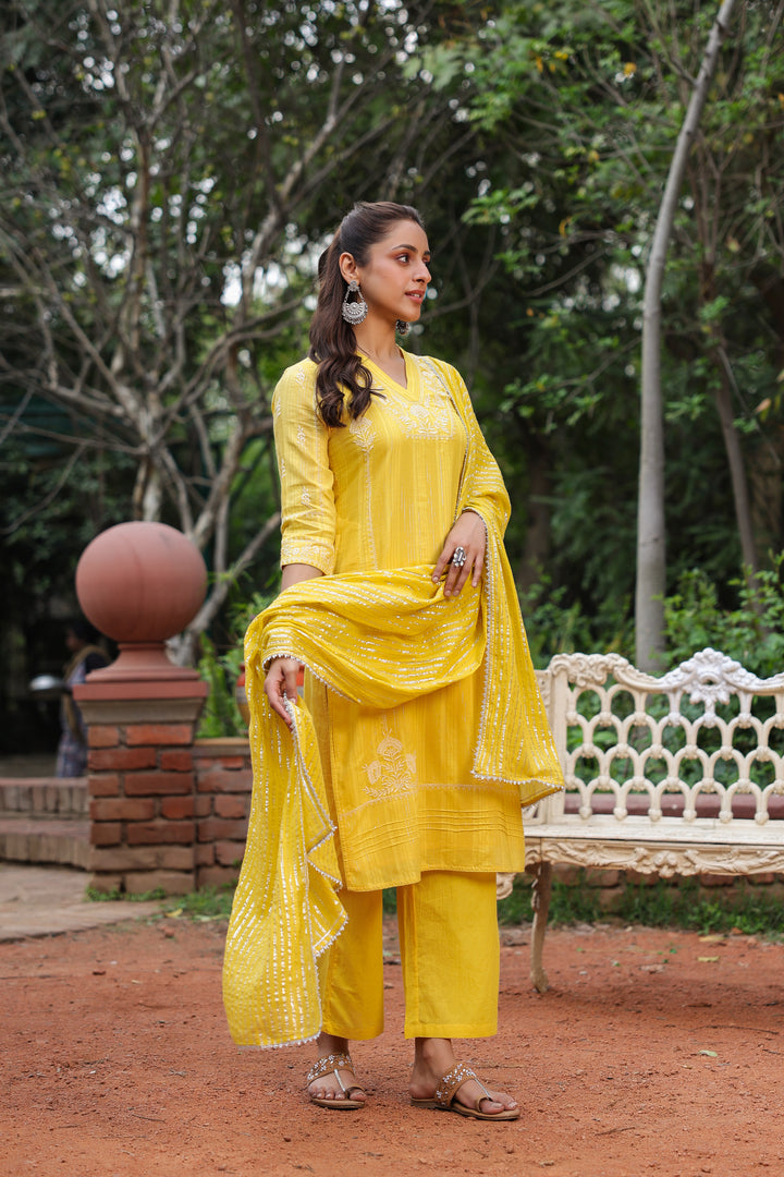 Yellow Cotton Lurex Embroidered Kurta Pant Set with Dupatta