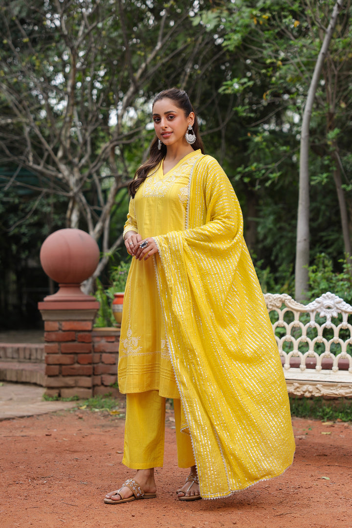 Yellow Cotton Lurex Embroidered Kurta Pant Set with Dupatta