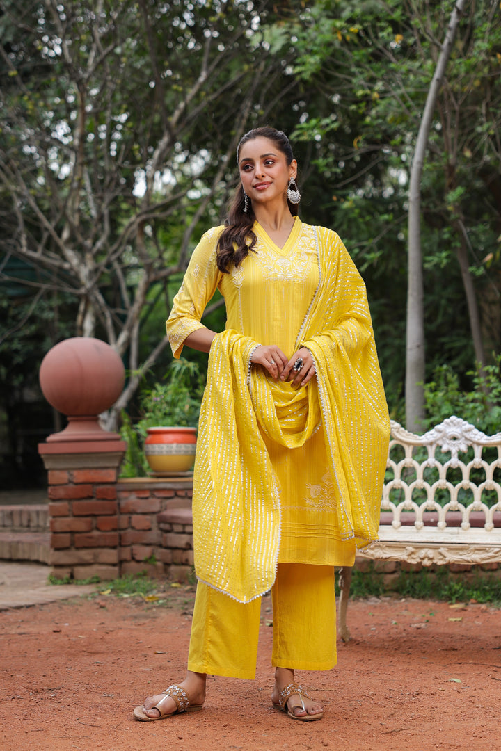 Yellow Cotton Lurex Embroidered Kurta Pant Set with Dupatta