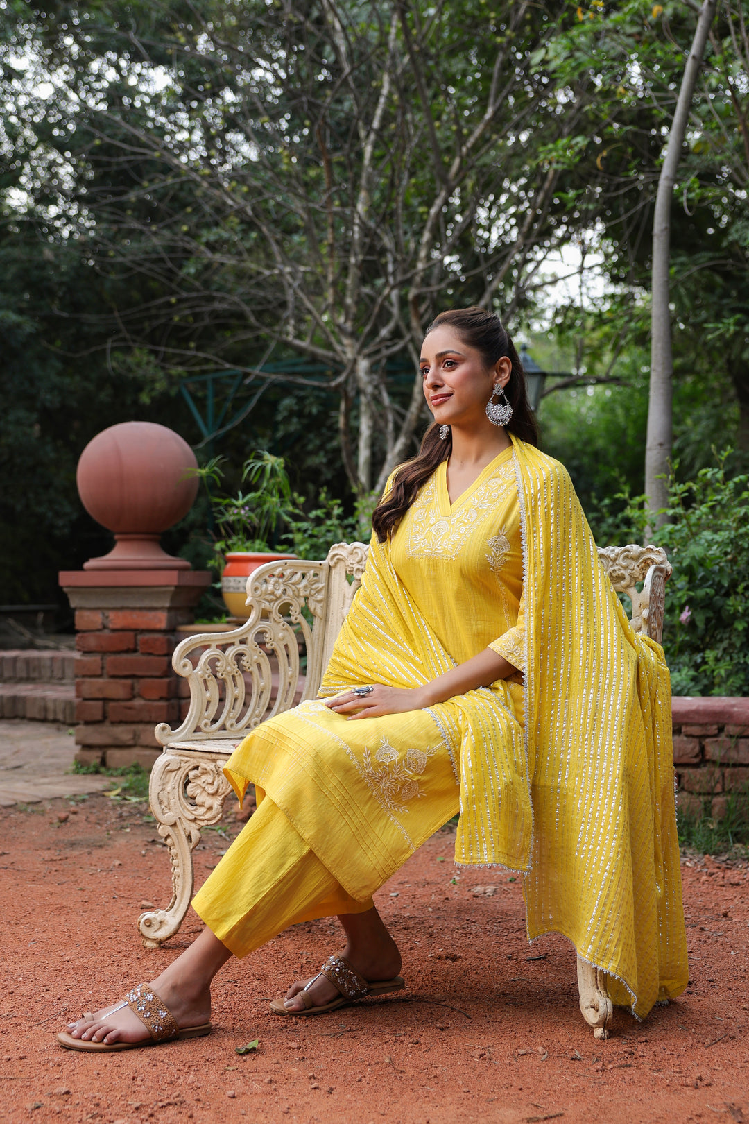 Yellow Cotton Lurex Embroidered Kurta Pant Set with Dupatta