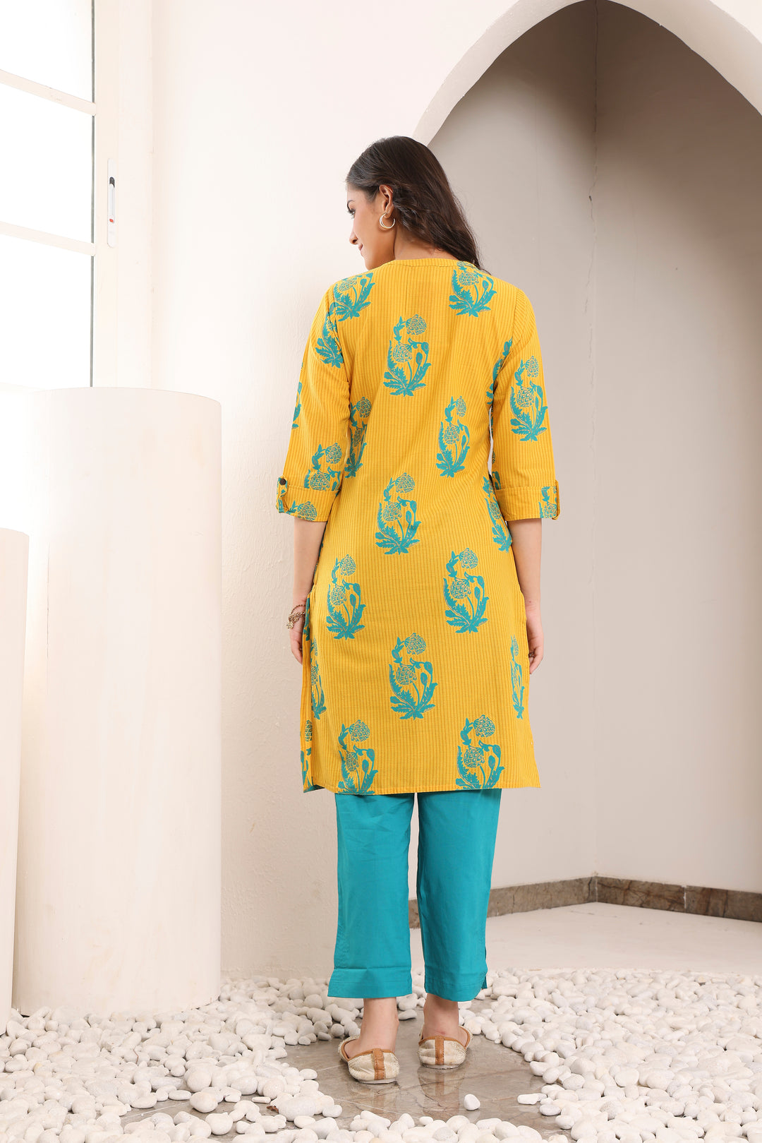 Yellow Pure Cotton Printed Straight Kurta