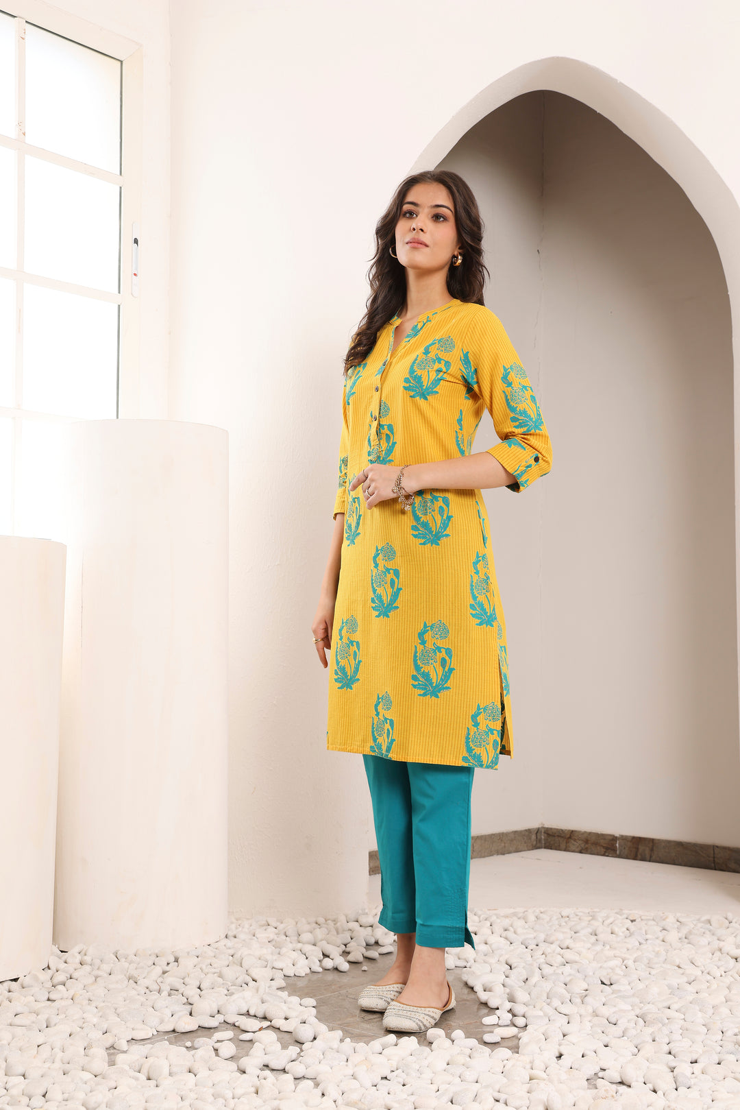 Yellow Pure Cotton Foil Print Fancy Buttons Straight Kurta Pant Set