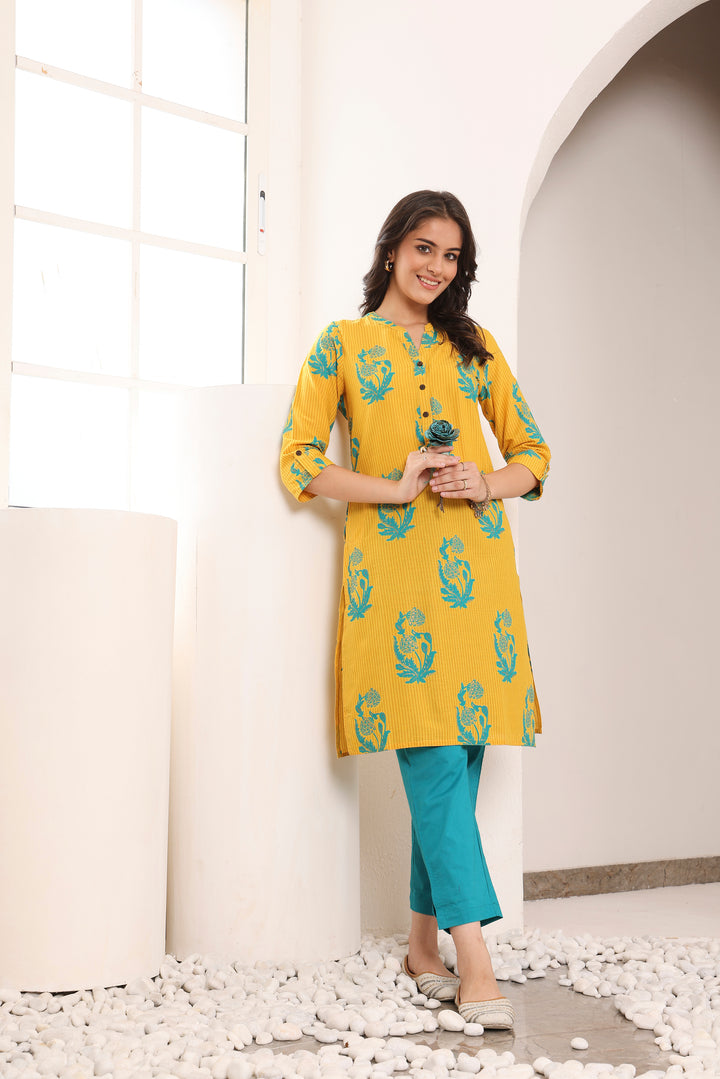 Yellow Pure Cotton Printed Straight Kurta
