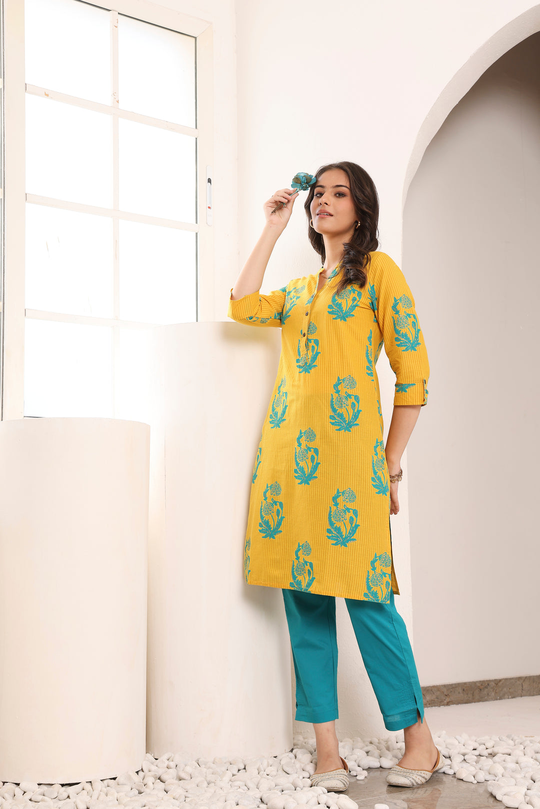 Yellow Pure Cotton Printed Straight Kurta
