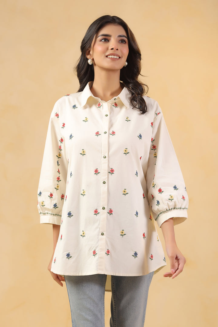 Off White Cotton Embroidered Shirt Top