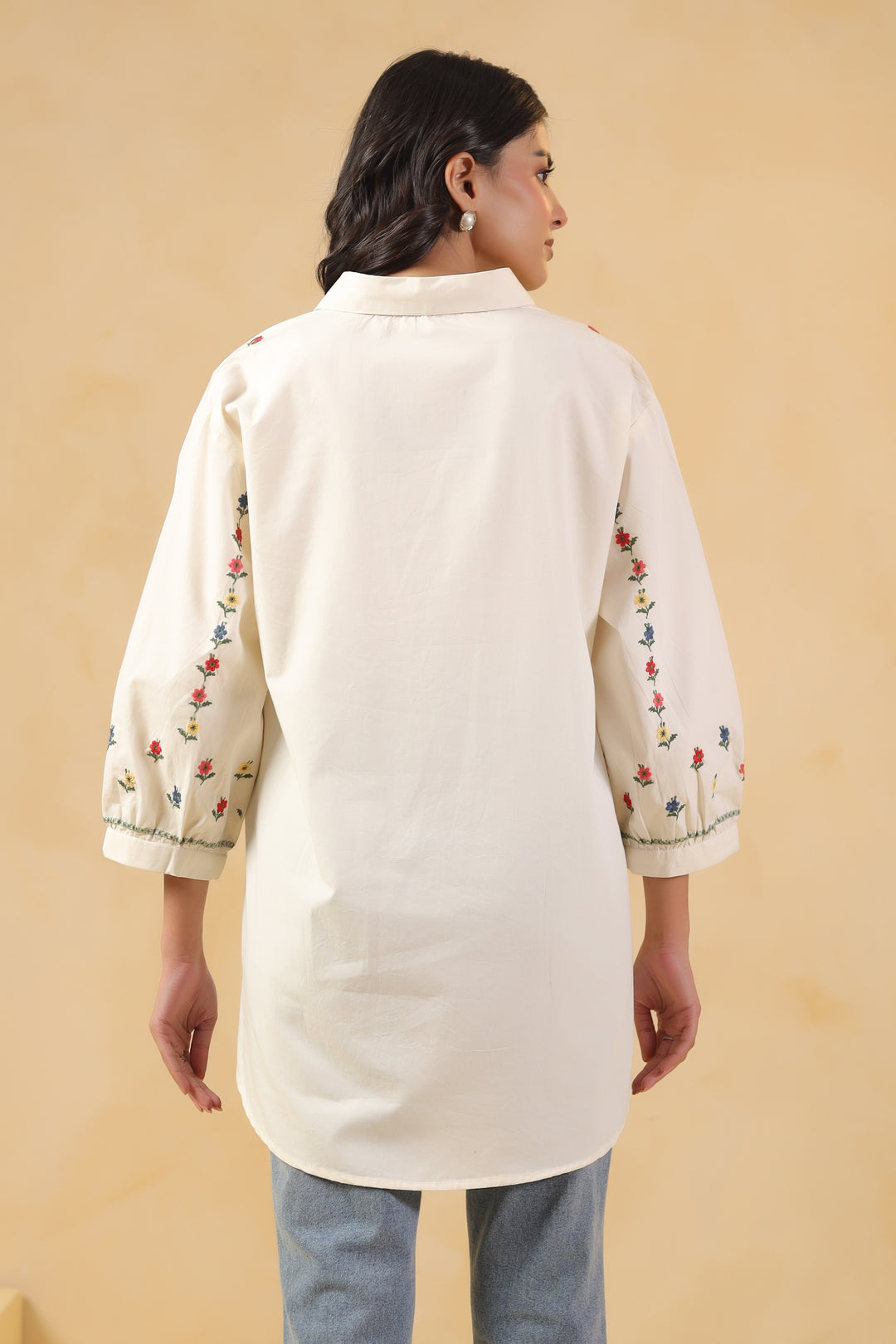 Off White Cotton Embroidered Shirt Top