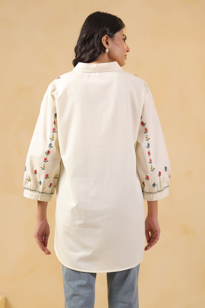 Off White Cotton Embroidered Shirt Top